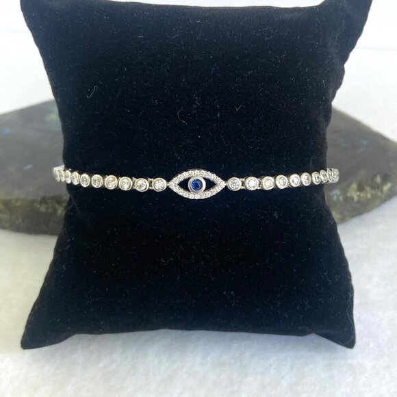 Sterling Silver 925 Blue Topaz & CZ Evil Eye Adjustable Bolo Tennis Bracelet - Picture 11 of 16